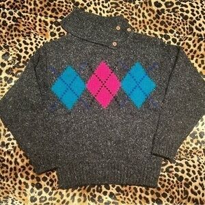 Vintage Gap Clothing Co. Grey Button Turtleneck Sweater with Argyle Pattern